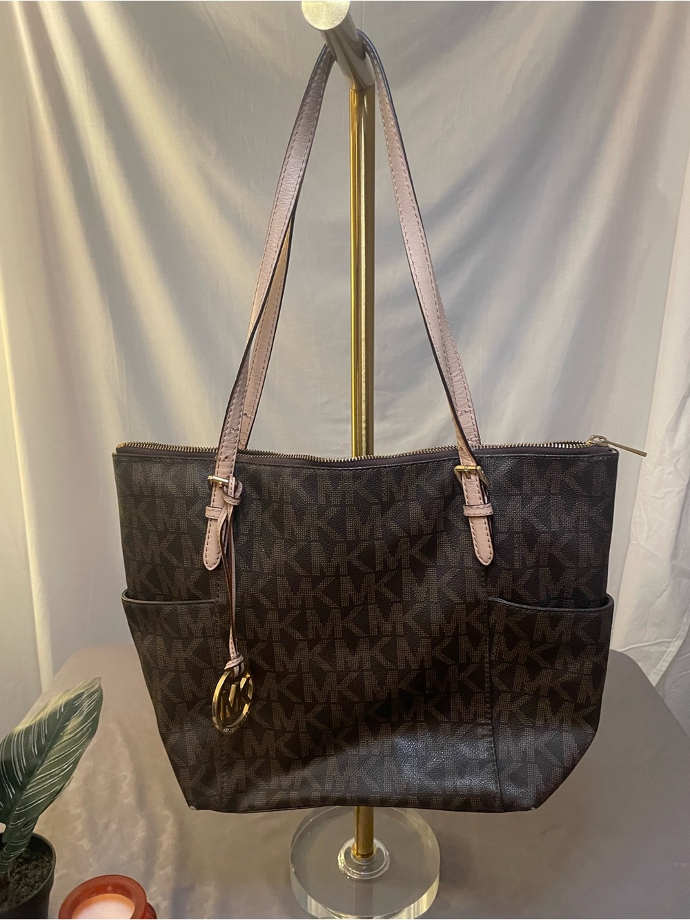 Michael Kors Dark Brown MK Logo Tote with Light Pink Straps